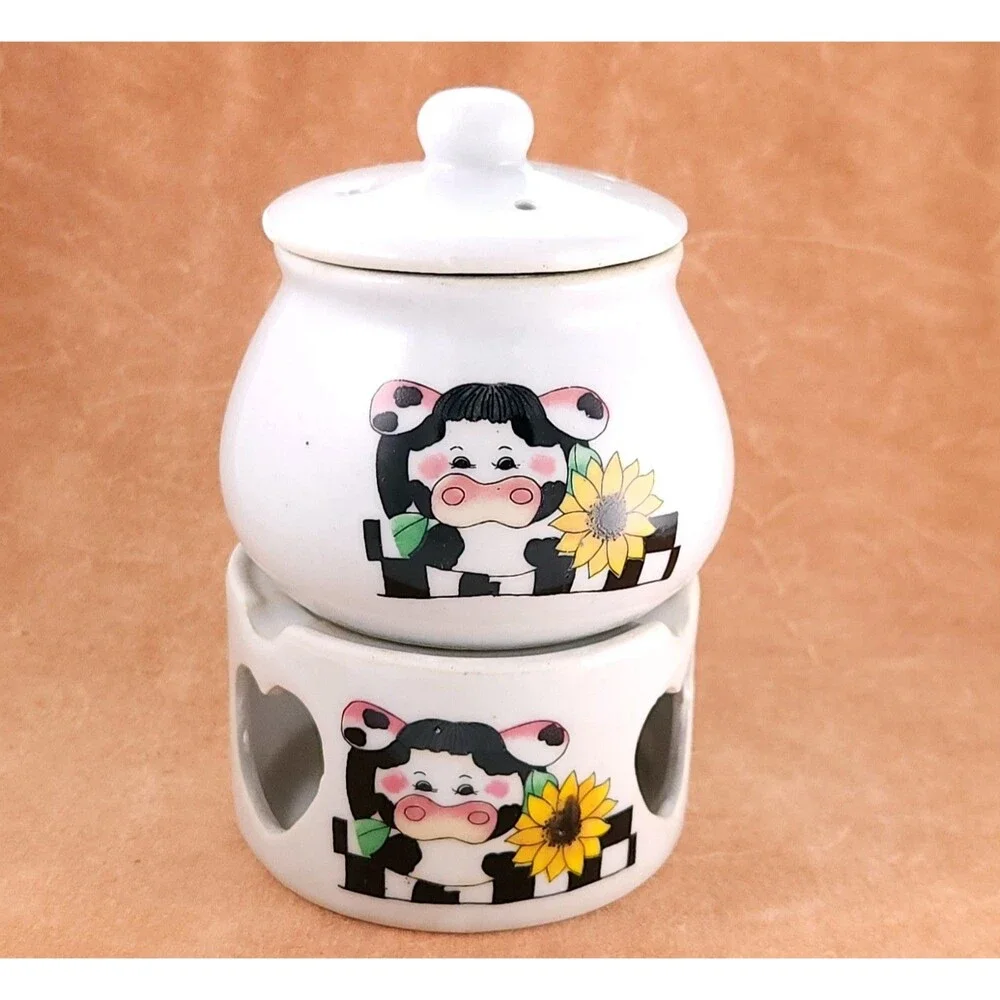 Vtg Cow Potpourri Pot Ceramic Wax Melt Tealight Warmer Sunflower 3Pc Box